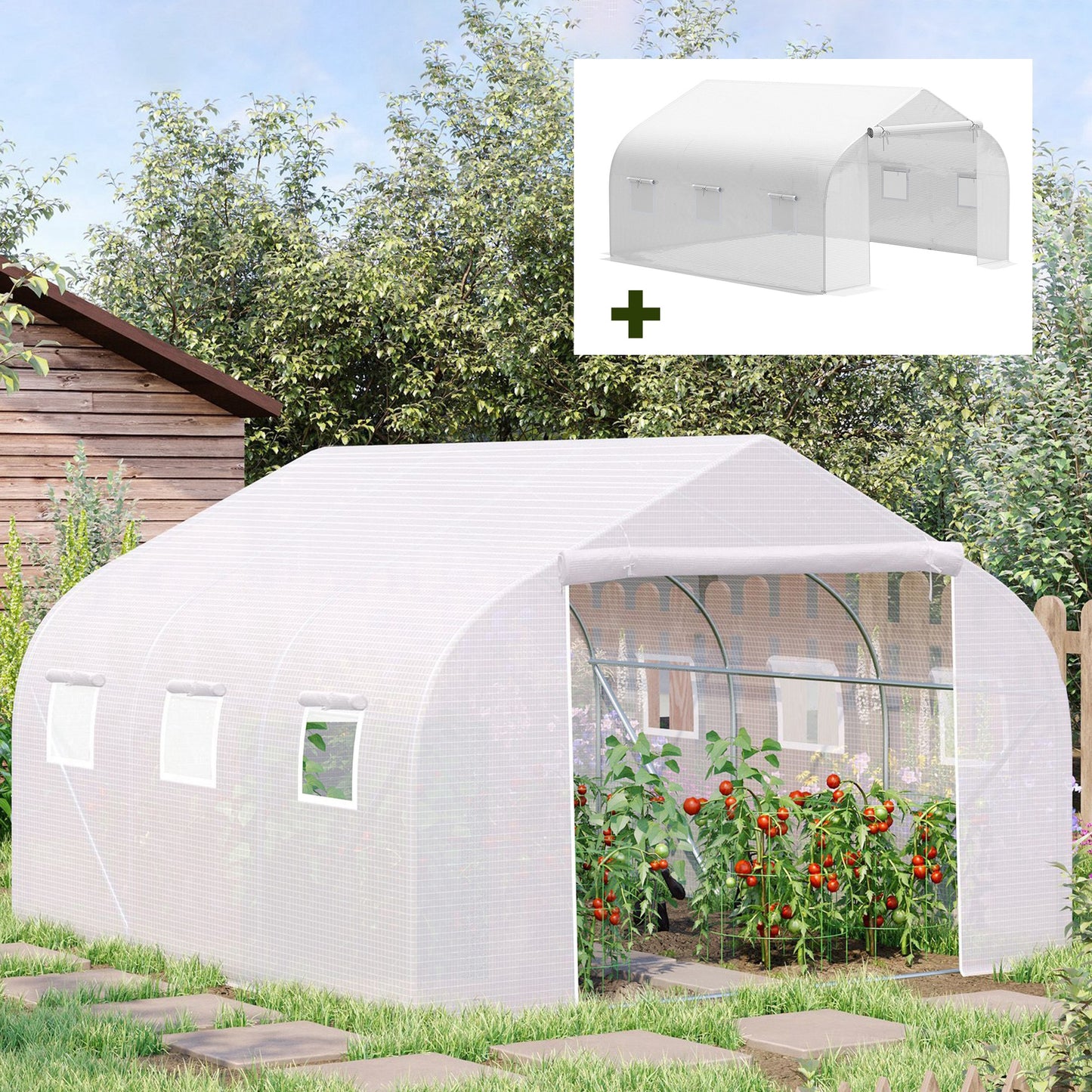 Outsunny Conjunto de Invernadero de Túnel y Cubierta de Repuesto con Puerta y 6 Ventanas Enrollables Anti-UV para Cultivos Plantas Flores 3,5x3x2 m Blanco