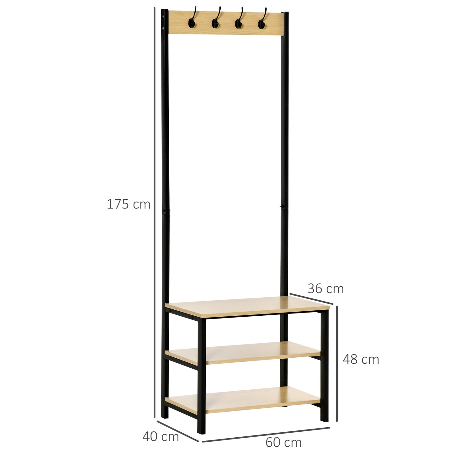 HOMCOM Perchero de Pie Perchero Metálico Zapatero con 3 Estantes y 4 Ganchos para Colgar Ropas para Pasillo Entrada 60x40x175 cm Negro y Natural