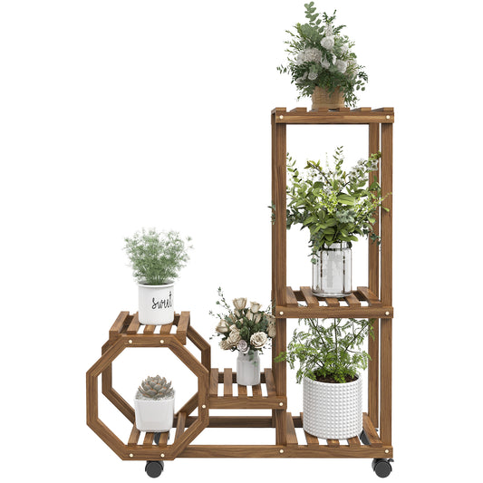 Outsunny Estantería para Plantas de 5 Niveles Soporte para Macetas de Madera Soporte para Plantas con Ruedas para Interiores y Exteriores 86x30x102 cm Carbonizado