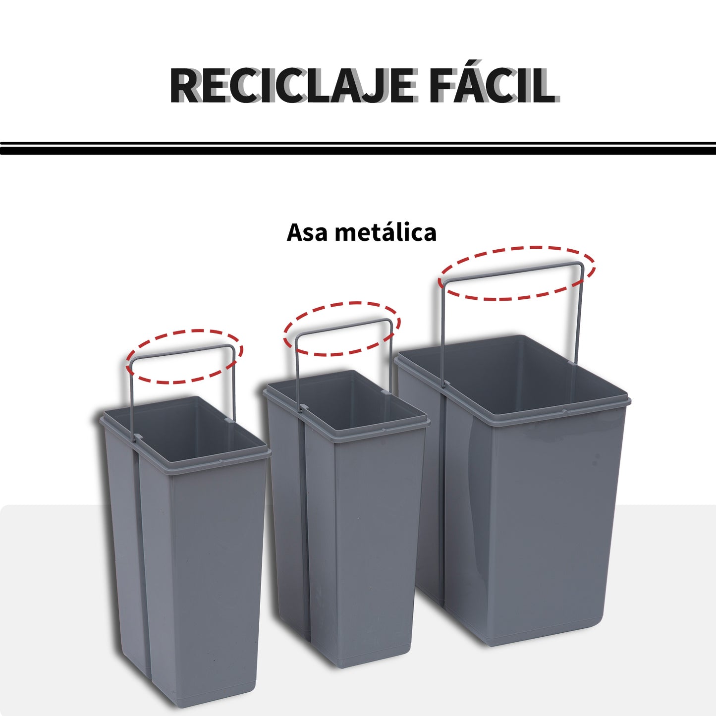 HOMCOM Cubo de Basura Cocina Papelera de Cocina 3 Contenedores de Reciclaje 1x20L y 2x10L Clasificación de Residuos Metal y Plástico 48x34,2x41,8 cm Gris