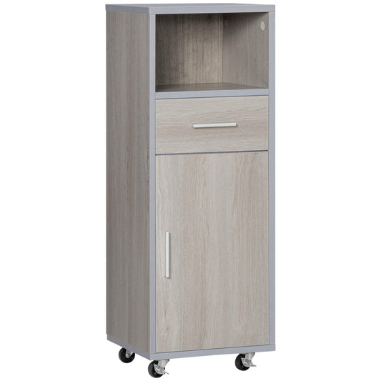 kleankin Armario de Baño con 1 Cajón 1 Puerta y Estante Abierto Mueble Auxiliar de Almacenaje con Ruedas para Salón Cocina Dormitorio Antivuelco 30x32x87 cm Gris