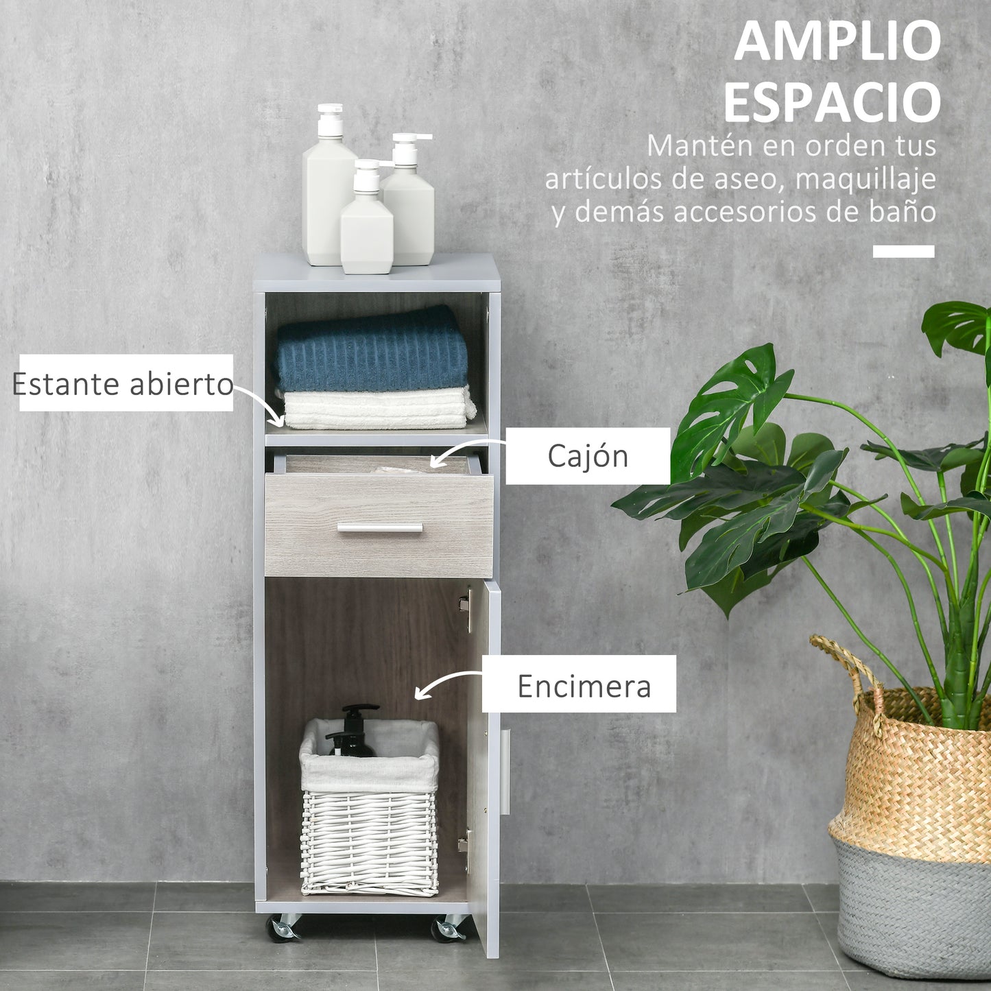 kleankin Armario de Baño con 1 Cajón 1 Puerta y Estante Abierto Mueble Auxiliar de Almacenaje con Ruedas para Salón Cocina Dormitorio Antivuelco 30x32x87 cm Gris