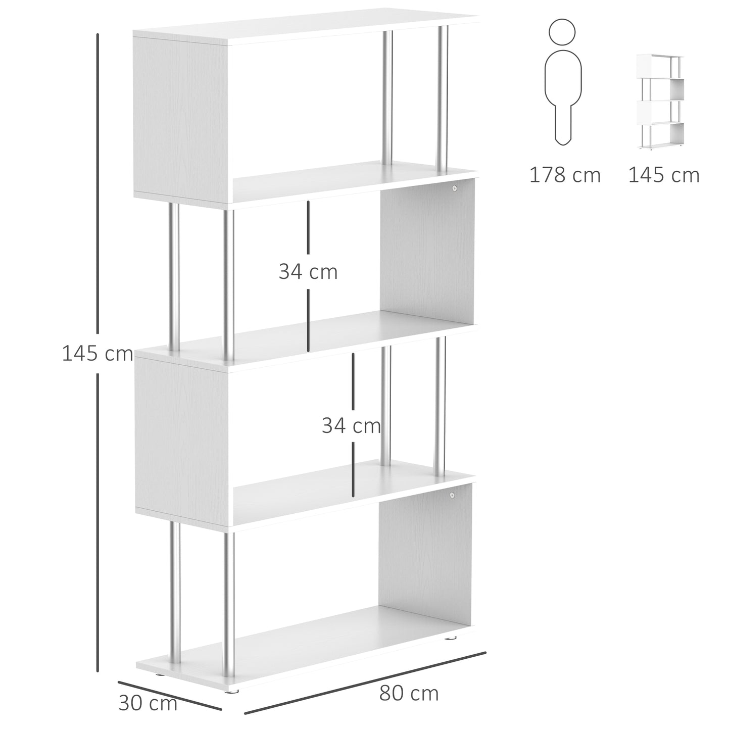 HOMCOM Librería en Forma S Estantería para Libros de 4 Niveles Mueble Estantería para Salón Oficina Estudio 80x30x145 cm Blanco