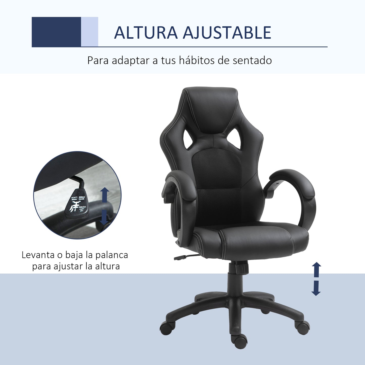 HOMCOM Silla de Oficina Silla Estudio con Altura Ajustable y Respaldo Alto Tapizado en Cuero PU y Malla Transpirable 71x61x108-118 cm Negro