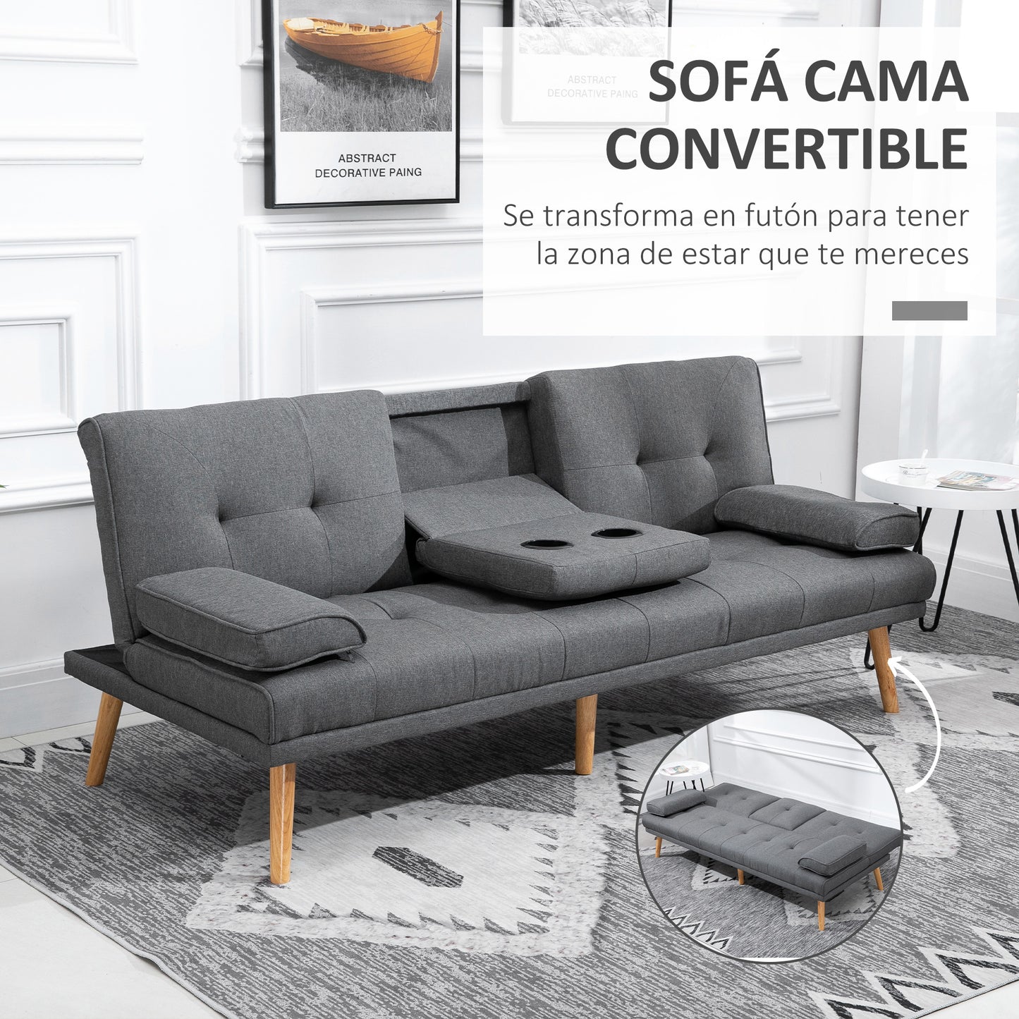 HOMCOM Sofá Cama 3 Plazas Sofá Cama Plegable con Respaldo Ajustable de 3 Niveles Reposabrazos Desmontable y 2 Soportes para Vasos 181x77x78 cm Gris Claro