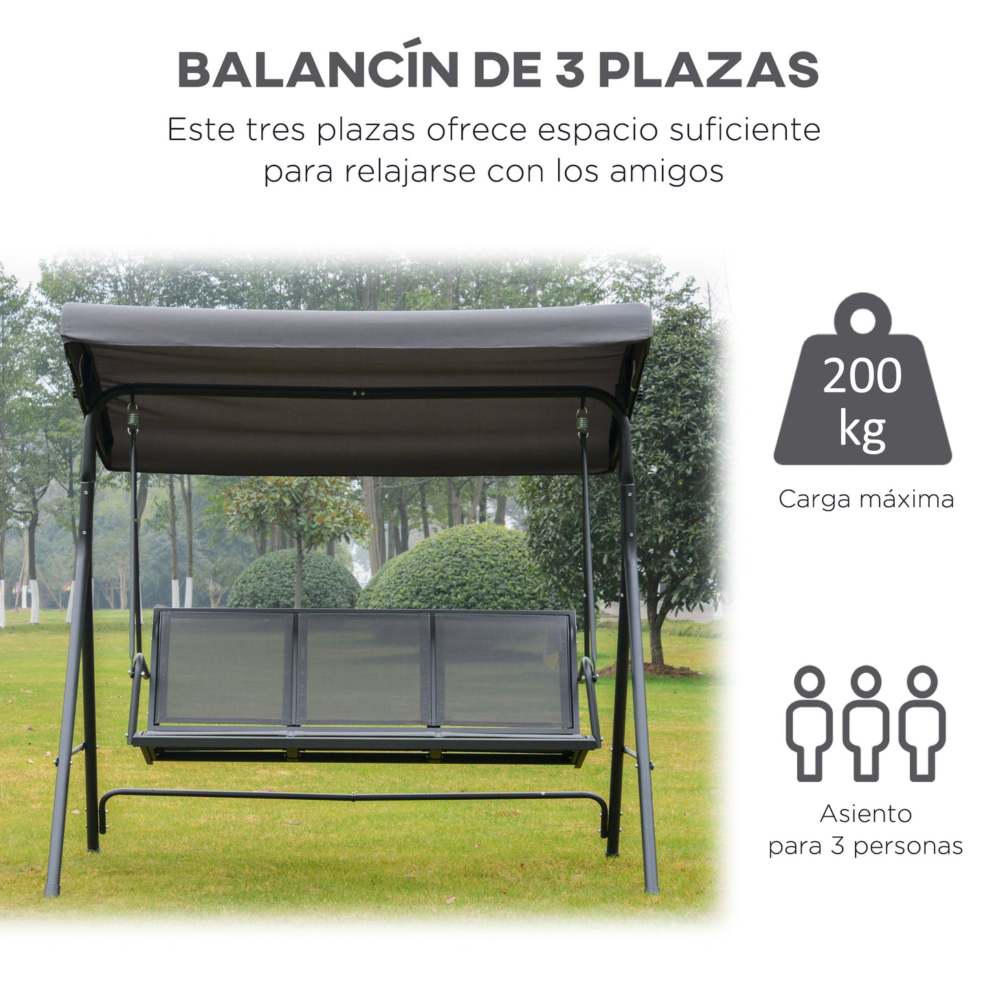 Outsunny Columpio Balancín Jardín de 3 Plazas con Techo Parasol Ajustable Respaldo Transpirable y Marco de Acero para Terraza Balcón Exterior 175x118x159 cm Gris