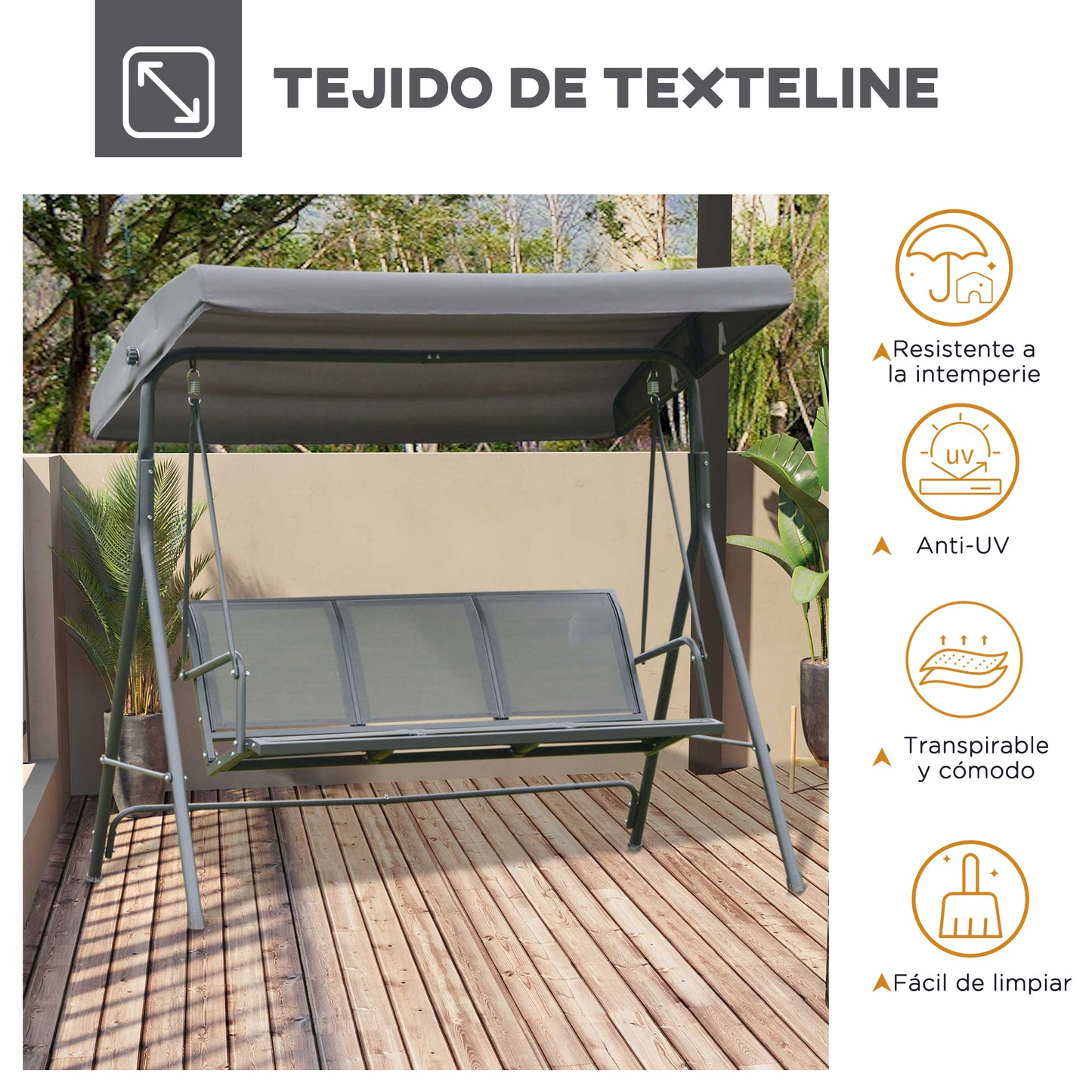 Outsunny Columpio Balancín Jardín de 3 Plazas con Techo Parasol Ajustable Respaldo Transpirable y Marco de Acero para Terraza Balcón Exterior 175x118x159 cm Gris