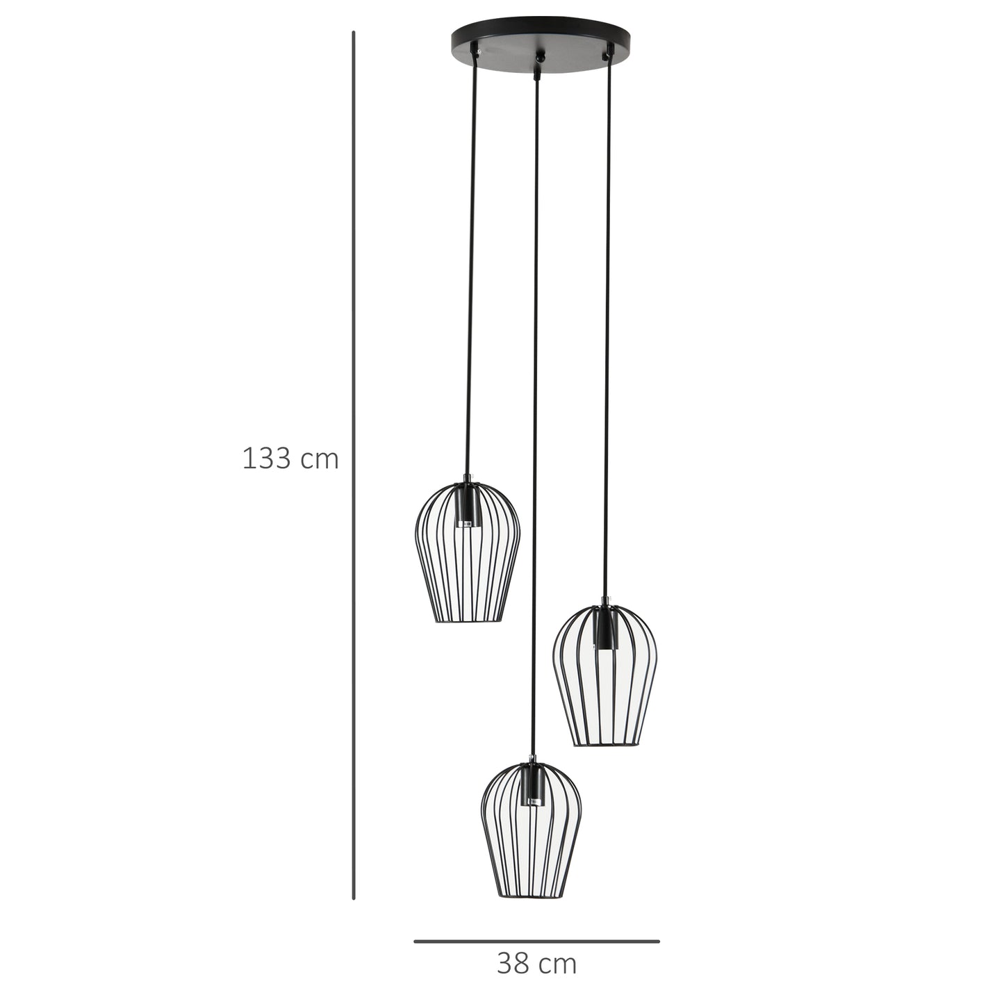 HOMCOM Lámpara Colgante Vintage Lámpara de Techo de Estilo Industrial 3 Portalámparas E27 Lámpara de Suspensión de Metal para Comedor Salón Ø38x133 cm Negro