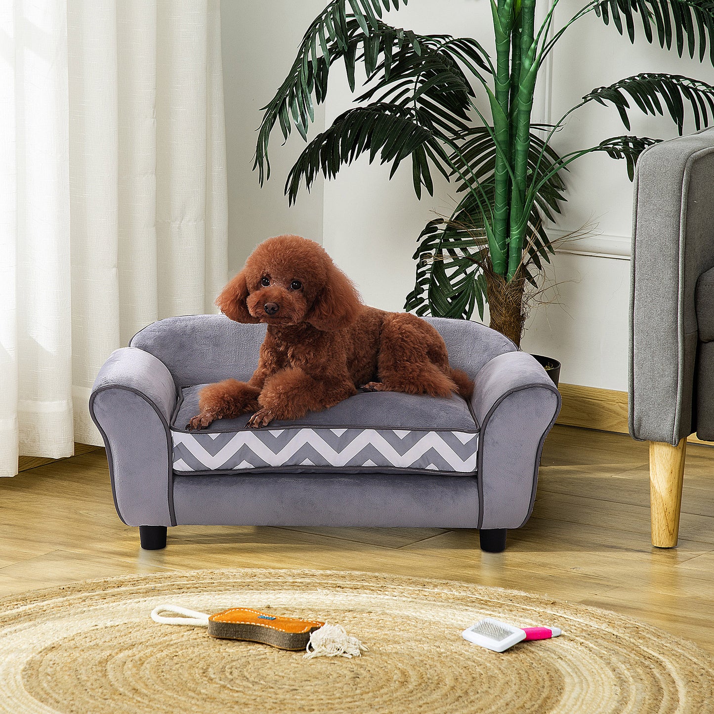 PawHut Sofá para Mascotas con Patas Cama para Perros de Madera con Cojín Acolchado Acogedora Funda Lavable 73,5x41x33 cm Gris