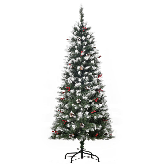 HOMCOM Árbol de Navidad Artificial Plegable 150 cm con Nieve Ignífugo con 408 Ramas 25 Bayas 21 Piñas Hojas de PVC Apertura Automática y Soporte Metálico Decoración Navideña para Interior Verde