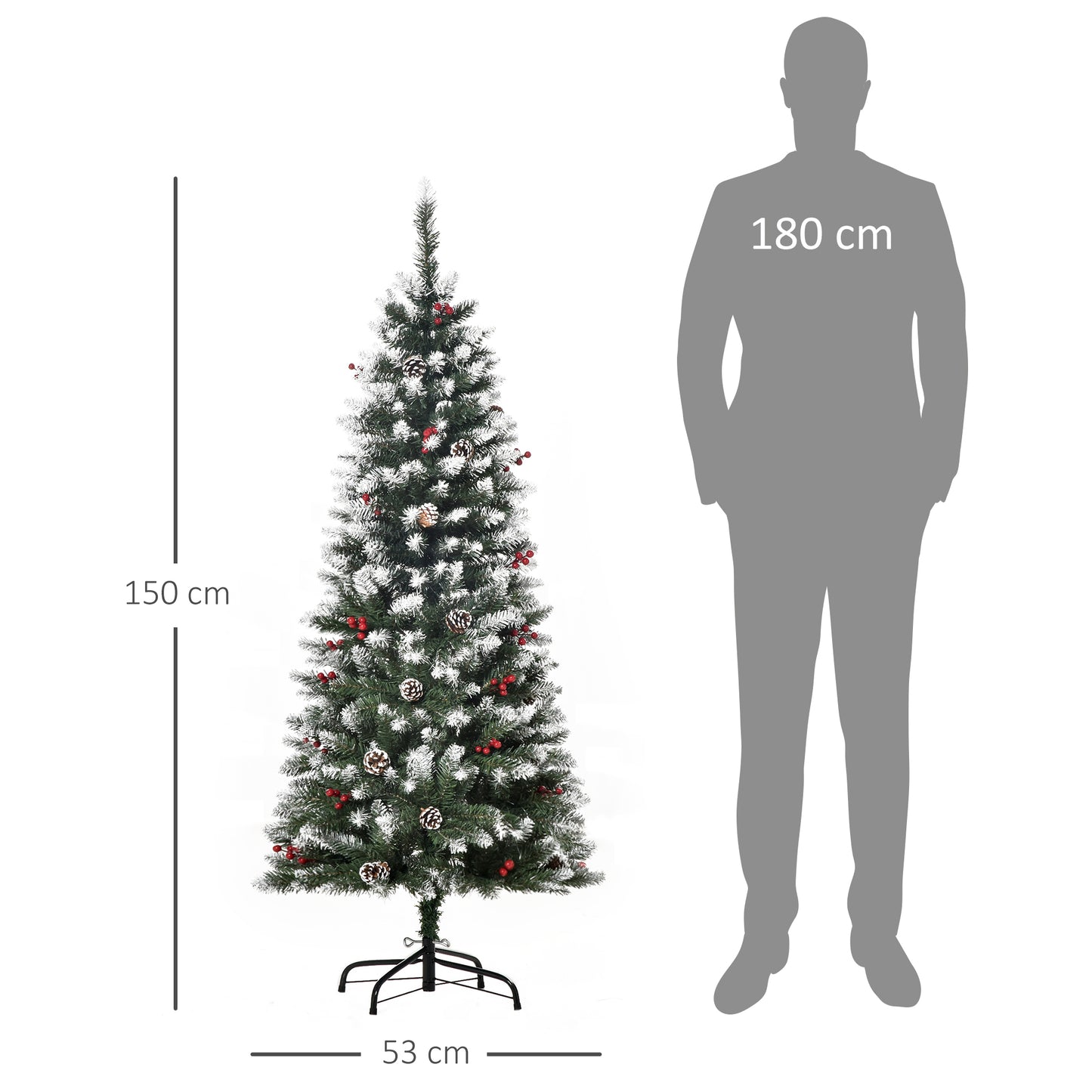 HOMCOM Árbol de Navidad Artificial Plegable 150 cm con Nieve Ignífugo con 408 Ramas 25 Bayas 21 Piñas Hojas de PVC Apertura Automática y Soporte Metálico Decoración Navideña para Interior Verde