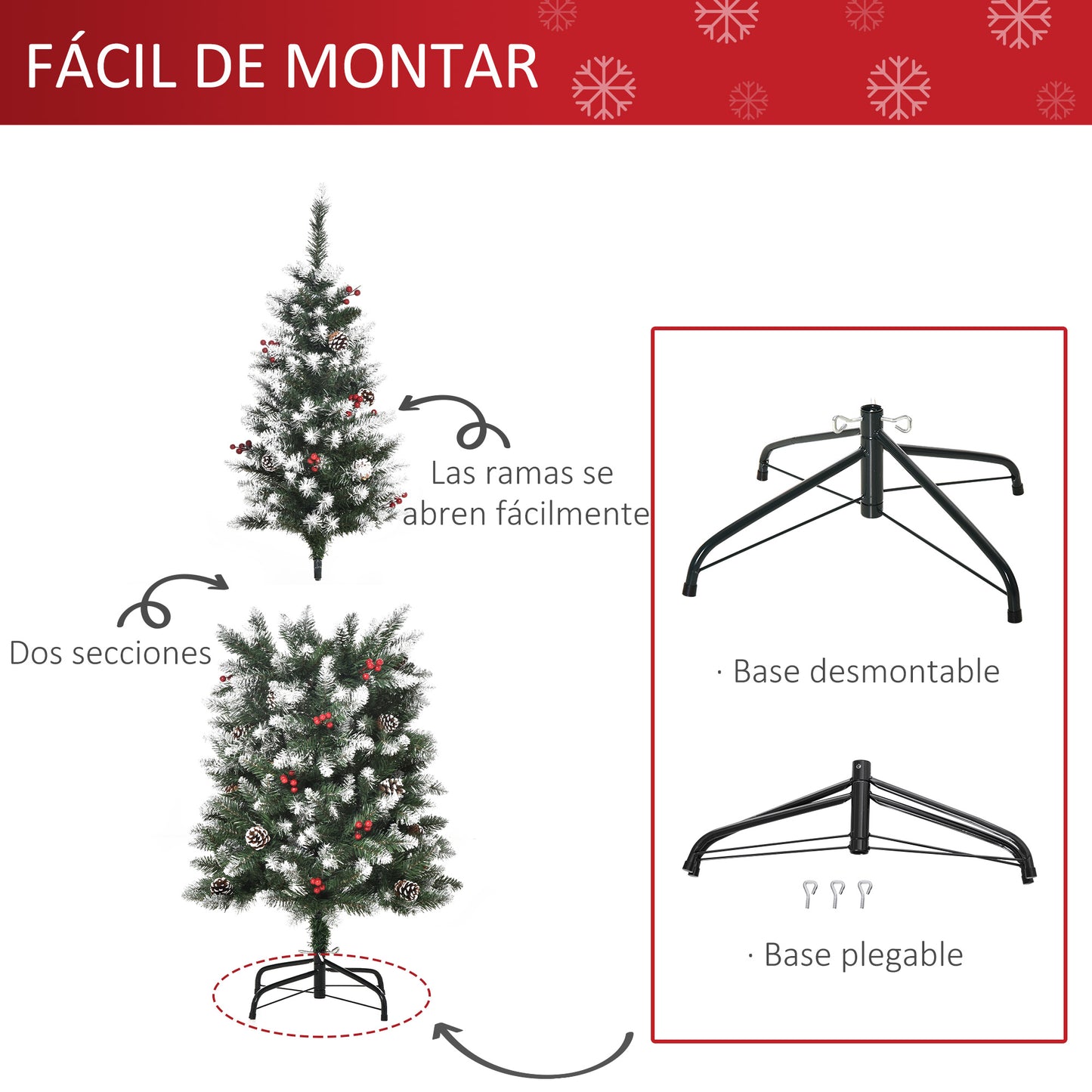 HOMCOM Árbol de Navidad Artificial Plegable 150 cm con Nieve Ignífugo con 408 Ramas 25 Bayas 21 Piñas Hojas de PVC Apertura Automática y Soporte Metálico Decoración Navideña para Interior Verde