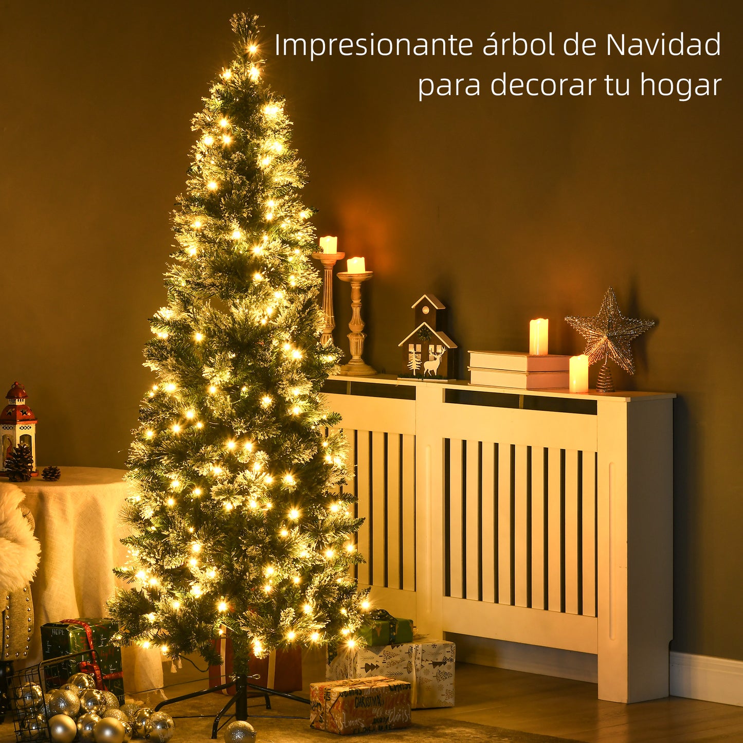 HOMCOM Árbol de Navidad Artificial 180 cm con 240 Luces LED Árbol de Navideño de 618 Ramas Árbol con Soporte de Acero Forma de Lápiz Ø68x180 cm Verde