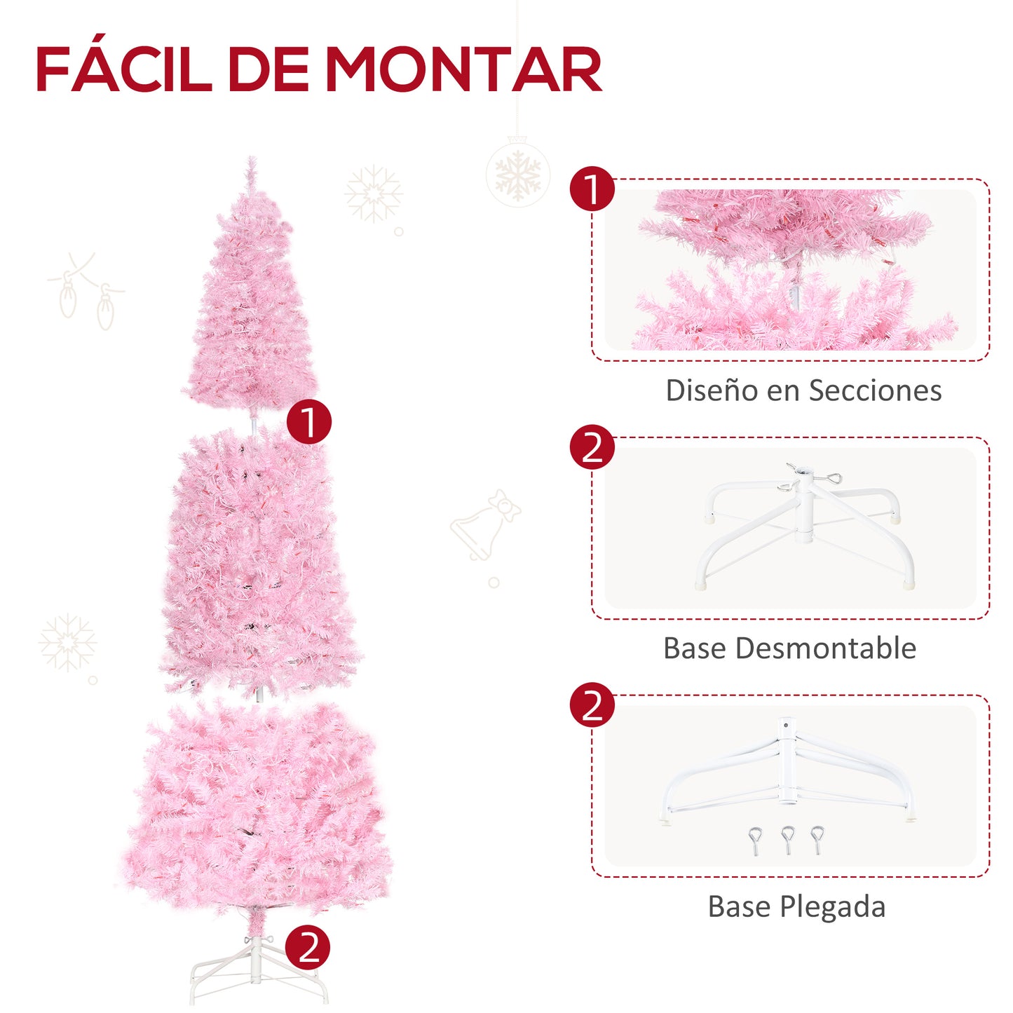 HOMCOM Árbol de Navidad 180 cm Árbol de Navidad con Luces LED 618 Ramas Hojas Apertura Automática Base Plegable y Soporte Metálico Decoración Navideña para Interiores Rosa