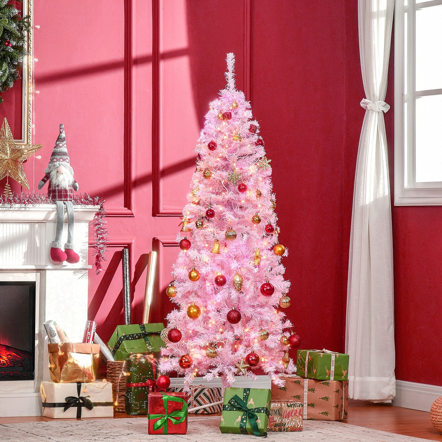 HOMCOM Árbol de Navidad 180 cm Árbol de Navidad con Luces LED 618 Ramas Hojas Apertura Automática Base Plegable y Soporte Metálico Decoración Navideña para Interiores Rosa