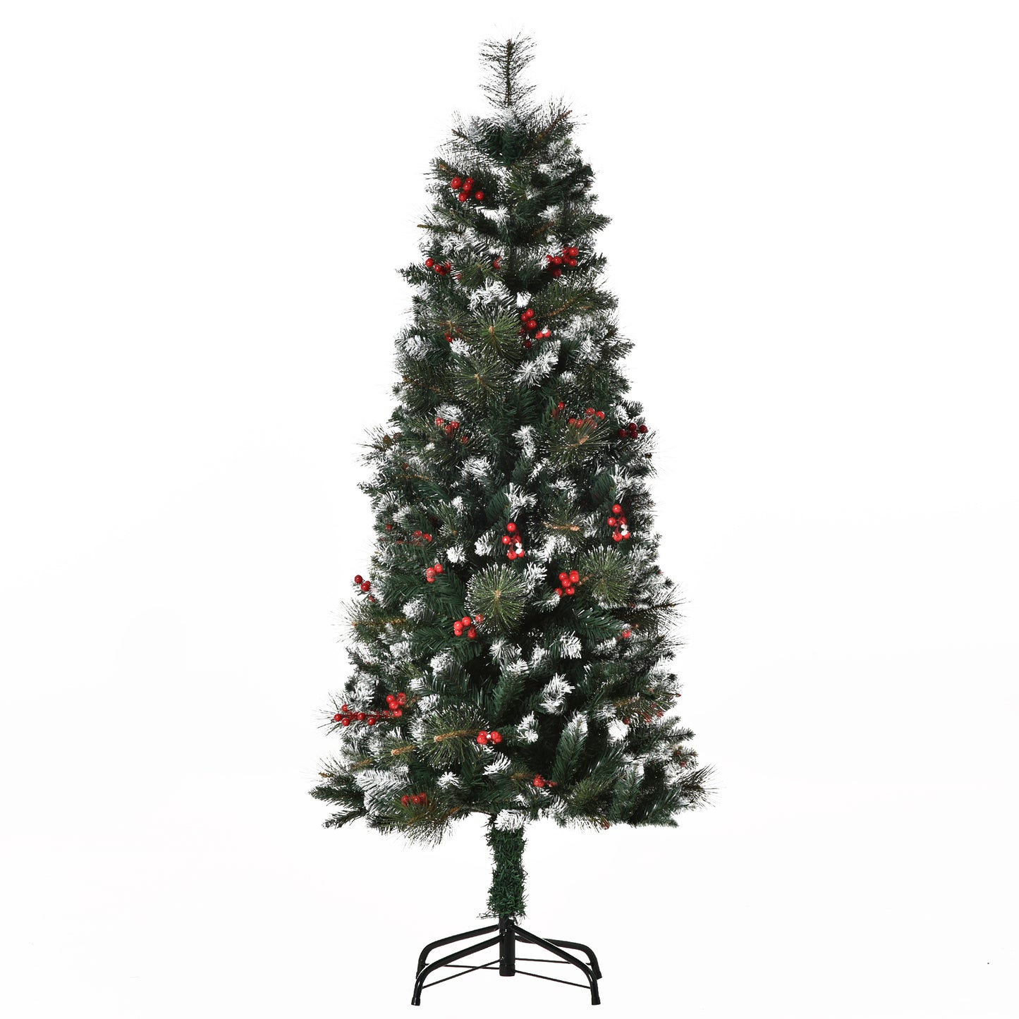 HOMCOM Árbol de Navidad Artificial con Nieve 150 cm Ignífugo con 360 Ramas 38 Bayas Base Plegable y Soporte Metálico Decoración Navideña para Interiores Verde