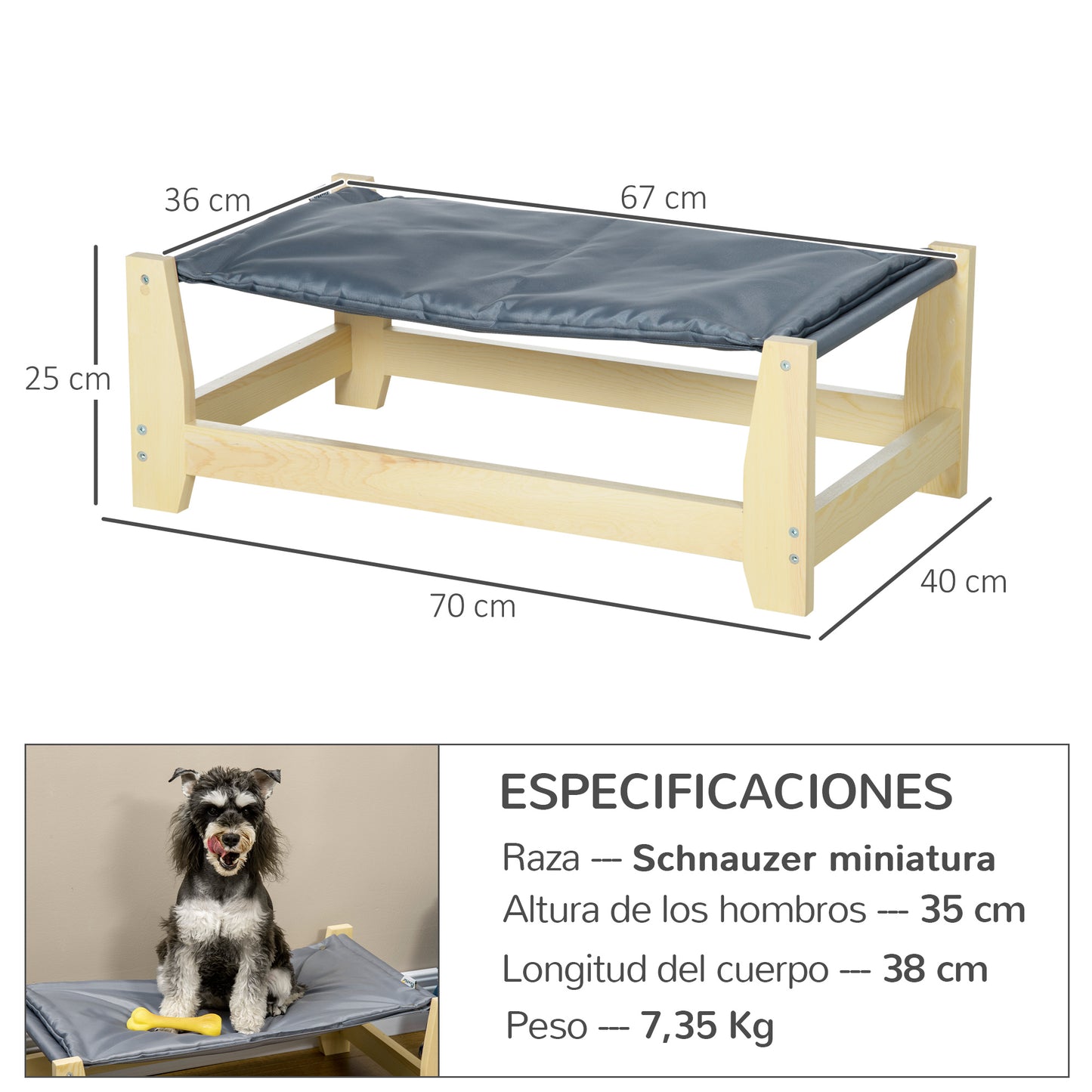 PawHut Cama Elevada para Perros Gatos Cama para Mascotas Medianas y Pequeños con Cojín Lavable Tela Oxford y Marco de Madera Carga 8 kg para Interior y Exterior 70x40x25 cm Gris