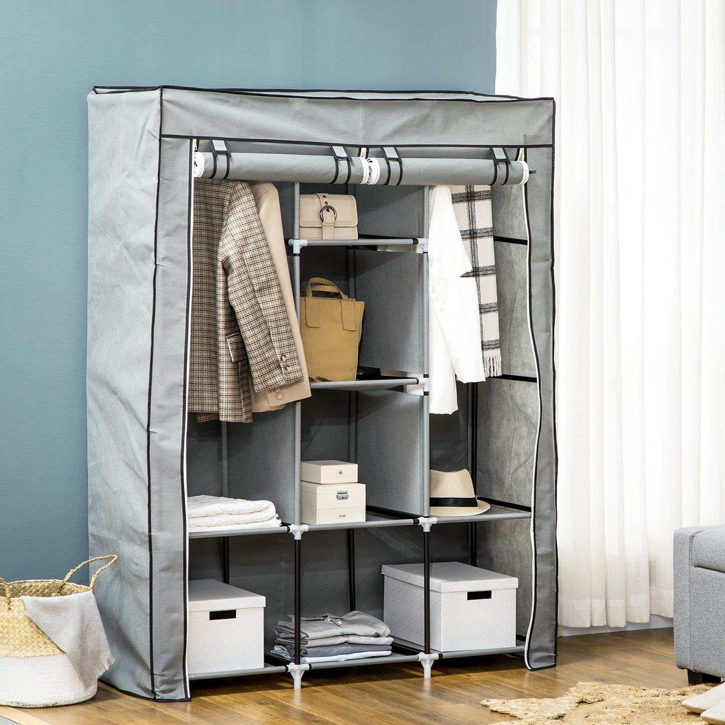 HOMCOM Armario de Tela Plegable Armario de Ropa Organizador Ropero Portátil con Estantes y Barra para Colgar para Dormitorio Vestidor 125x43x162,5 cm Gris Claro