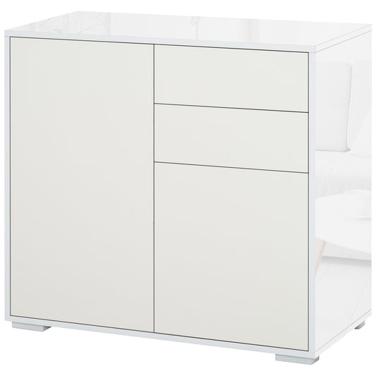 HOMCOM Aparador para Cocina con 2 Puertas 2 Cajones Marco de Blanco Brillante Estante Ajustable Apertura a Presión Armario de Almacenamiento para Dormitorio Salón 79x36x74 cm Blanco