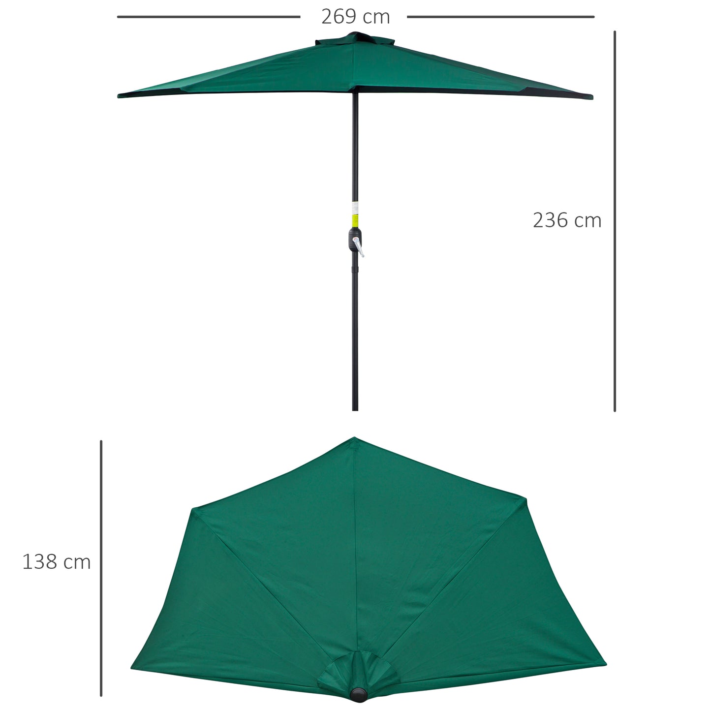 Outsunny Sombrilla 269x138x236 cm Parasol de Jardín con Manivela y Forma Semicircular para Exterior Terraza Patio Piscina Verde