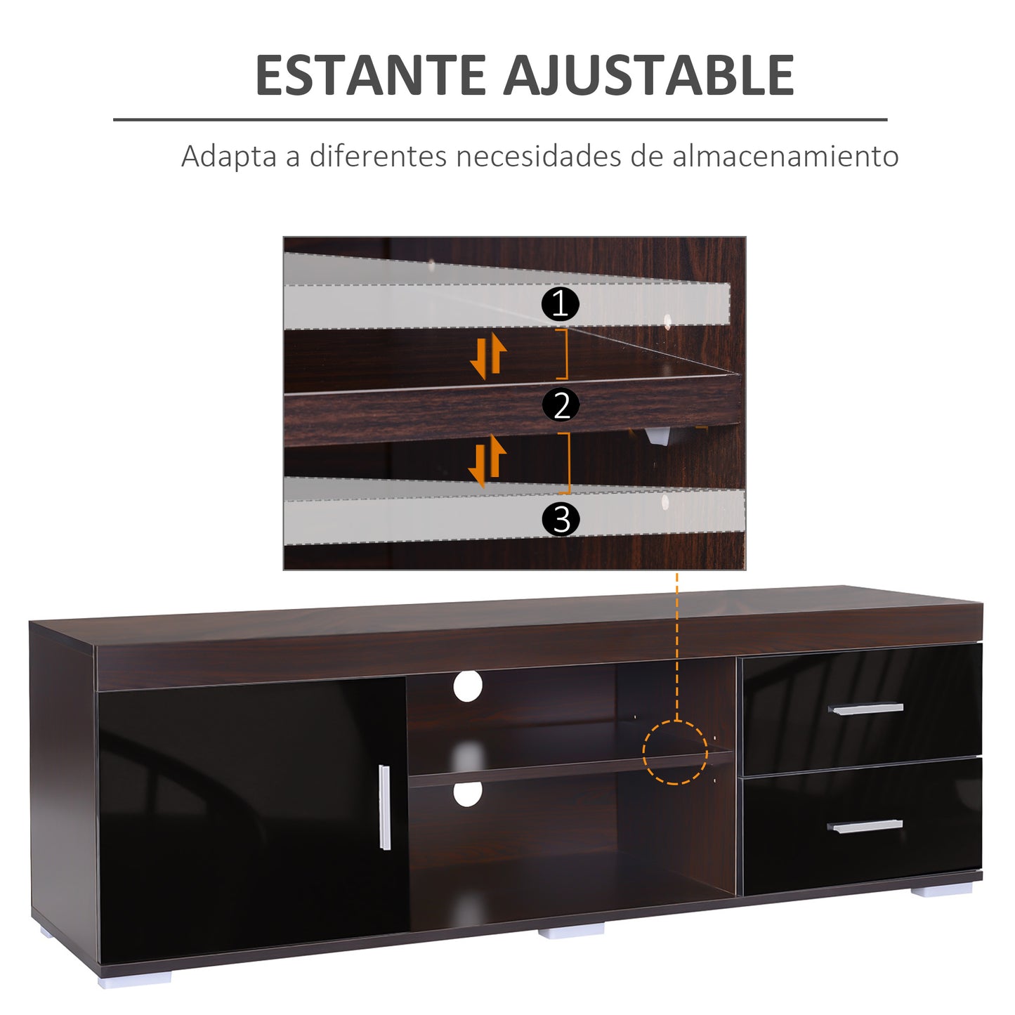 HOMCOM Mueble para TV Mesa para TV de Salón con Armario Cajones Estantes Abiertos Ajustable de 3 Niveles Soporte de Televisor Diseño Clásico Carga 80 kg 140x40x45 cm Café