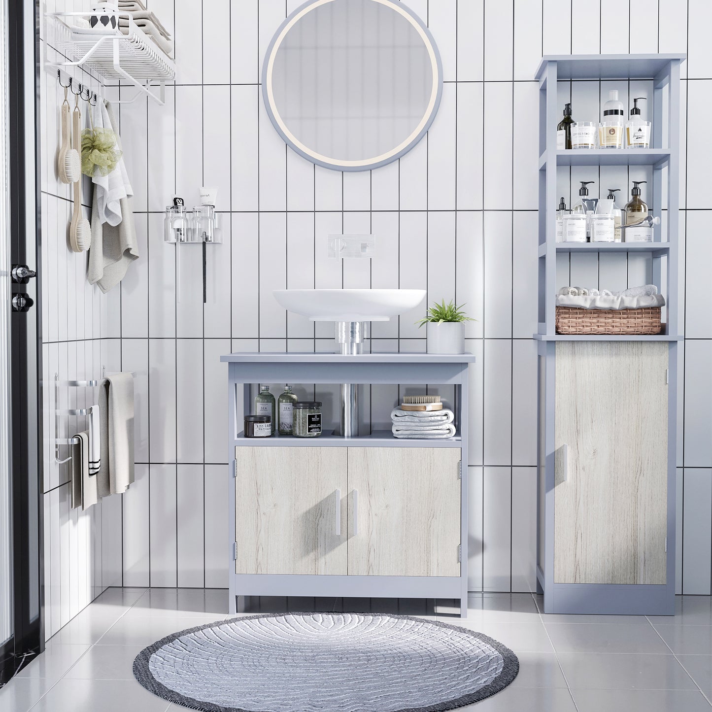 kleankin Armario Alto de Baño con 1 Puerta y 3 Estantes Abiertos Mueble Auxiliar de Almacenaje para Salón Cocina Dormitorio Carga 30 kg Antivuelco 40x30x160 cm Gris