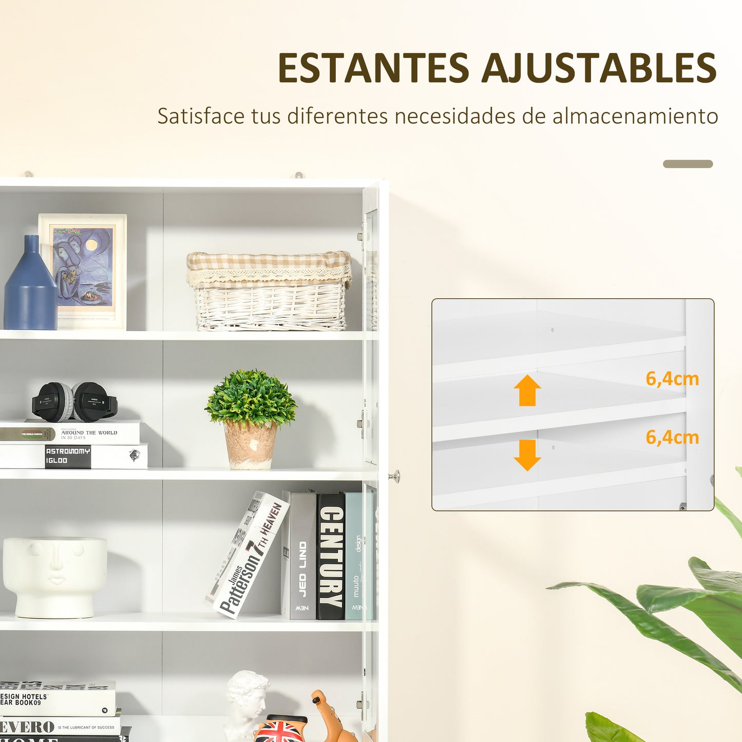 HOMCOM Vitrina Armario de Libros con 4 Puertas y Estantes Ajustables Estilo Moderno Armario de Cocina para Salón Cocina Oficina Dormitorio 76x40x178,5 cm Blanco