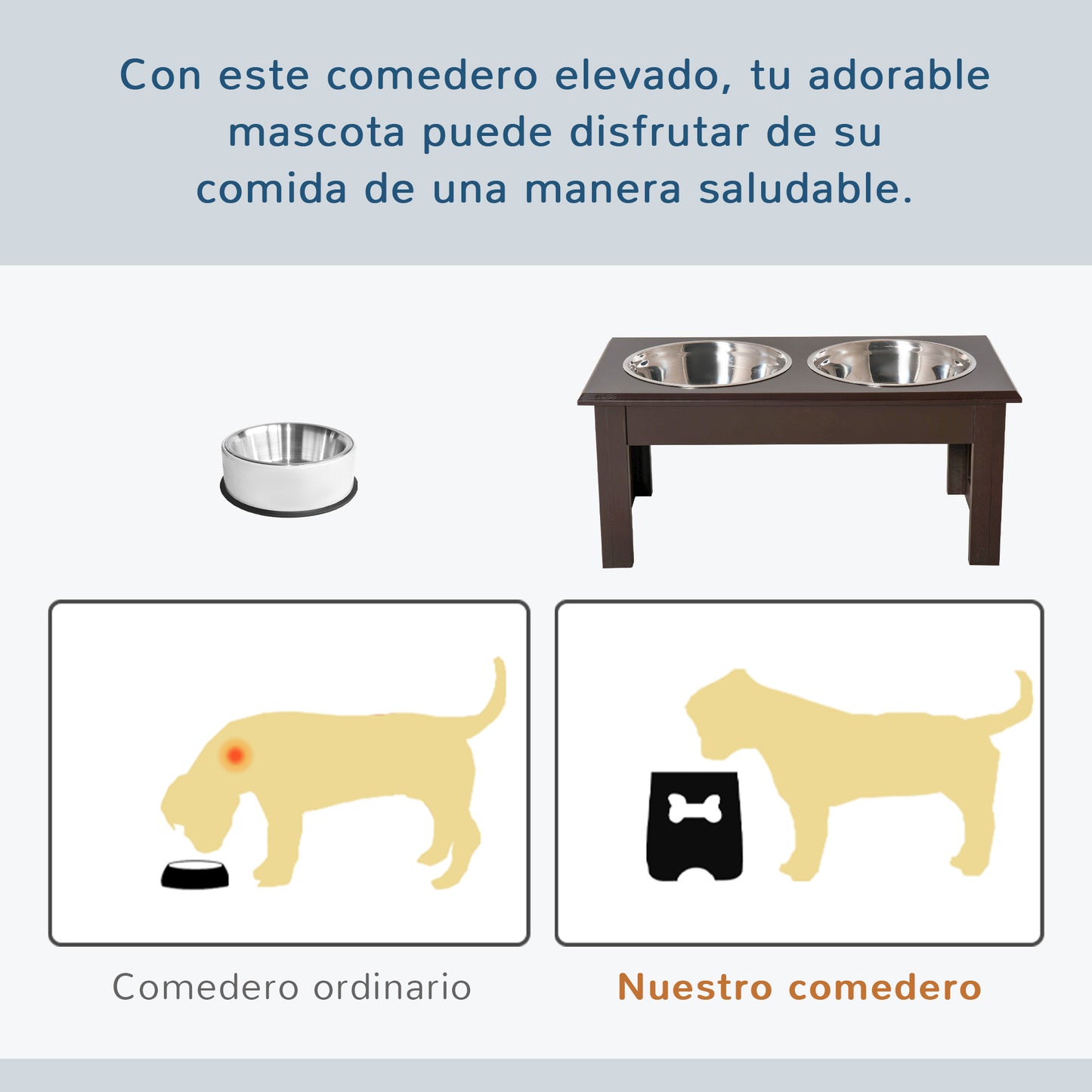 PawHut Comedero Elevado para Perros con Soporte y 2 Cuencos Extraíbles de Acero Inoxidable Alimentador para Mascotas Alimento y Agua 44x24x15 cm Marrón