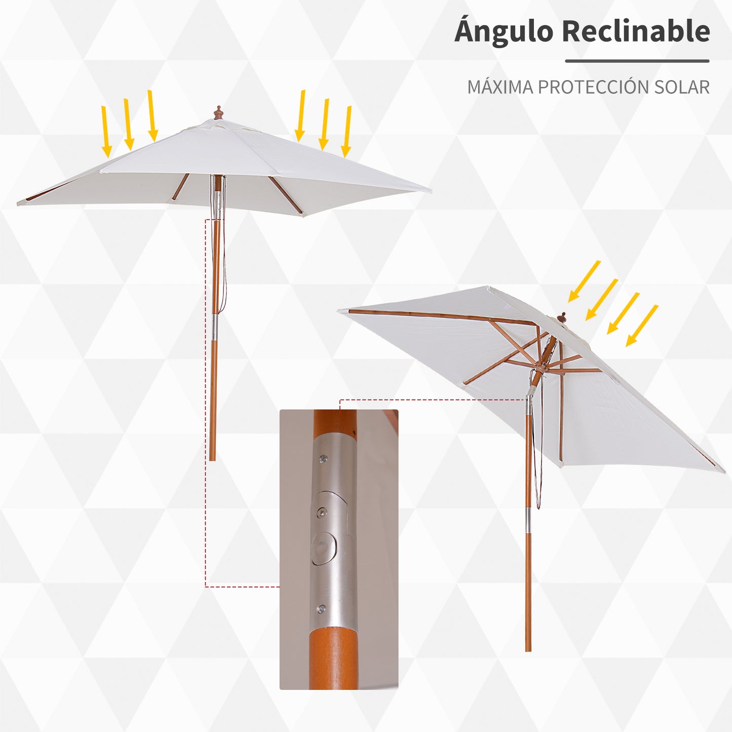 Outsunny Sombrilla de Jardín 200x150x235 cm Parasol de Terraza Rectangular Inclinable con Anti-UV Impermeable y Poste de Madera para Playa Patio Crema