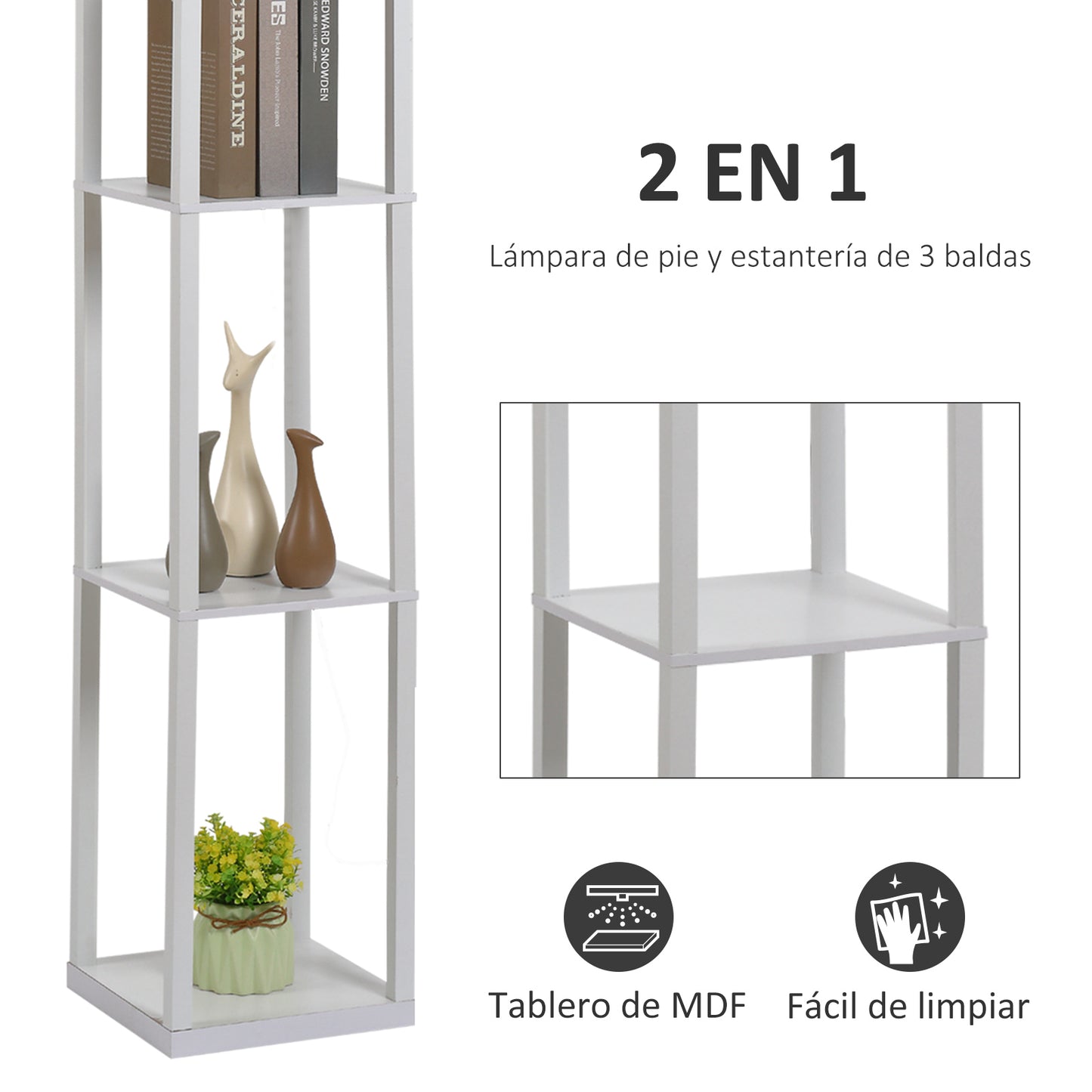 HOMCOM Lámpara de Pie de Madera con 3 Estantes de Almacenaje para Bombilla E27 Potencia Máx. 40W Lámpara Moderna para Salón Dormitorio 26x26x160 cm Blanco