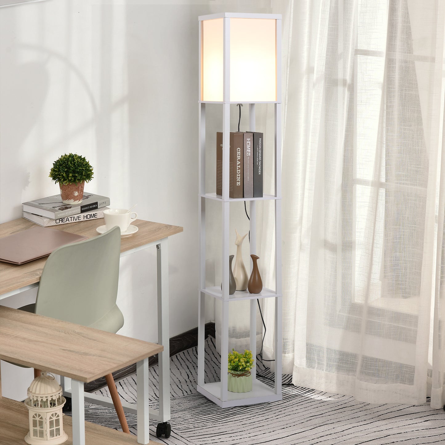 HOMCOM Lámpara de Pie de Madera con 3 Estantes de Almacenaje para Bombilla E27 Potencia Máx. 40W Lámpara Moderna para Salón Dormitorio 26x26x160 cm Blanco