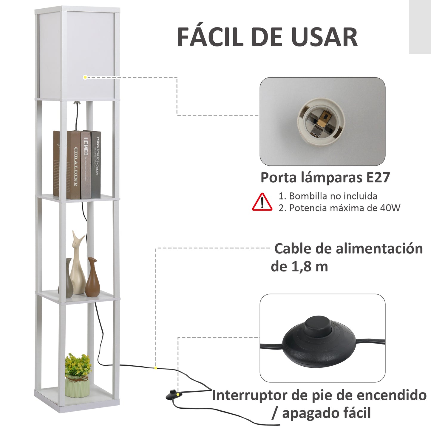 HOMCOM Lámpara de Pie de Madera con 3 Estantes de Almacenaje para Bombilla E27 Potencia Máx. 40W Lámpara Moderna para Salón Dormitorio 26x26x160 cm Blanco