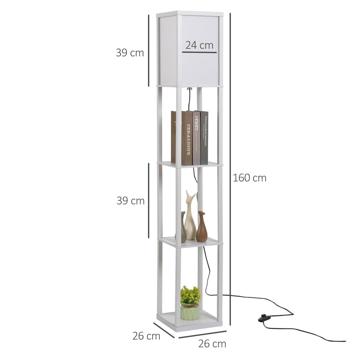 HOMCOM Lámpara de Pie de Madera con 3 Estantes de Almacenaje para Bombilla E27 Potencia Máx. 40W Lámpara Moderna para Salón Dormitorio 26x26x160 cm Blanco