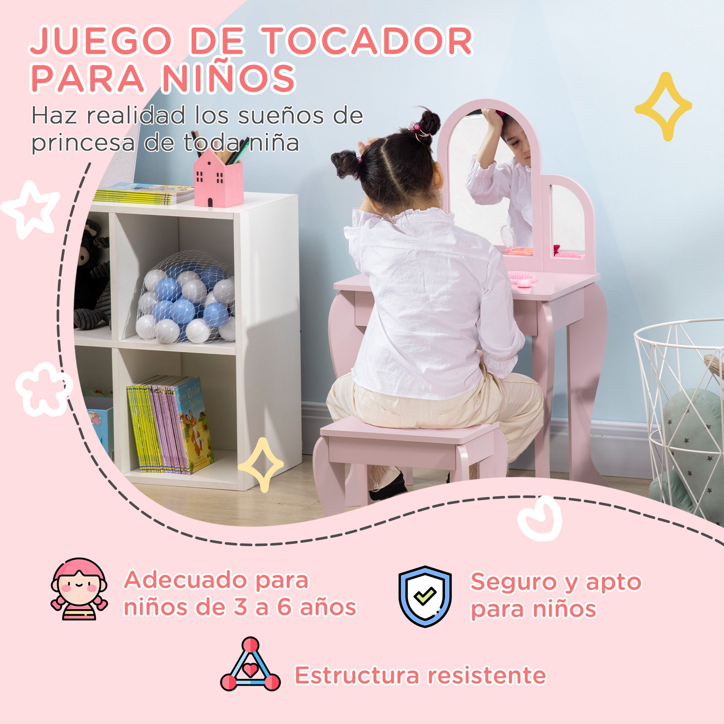 HOMCOM Tocador para Niña con Espejo y Taburete Tocador de Maquillaje para Niña de 3 a 6 Años Tocador Infantil de Madera con Cajón Rosa