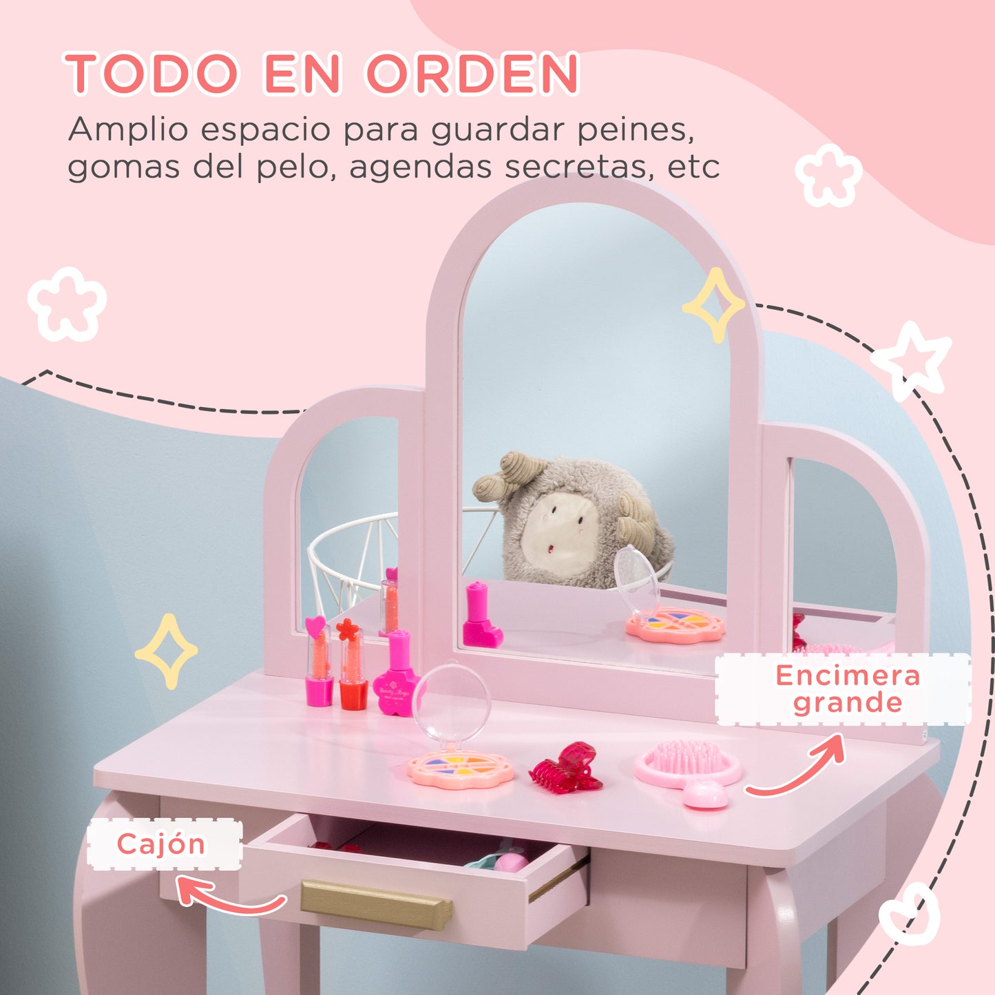 HOMCOM Tocador para Niña con Espejo y Taburete Tocador de Maquillaje para Niña de 3 a 6 Años Tocador Infantil de Madera con Cajón Rosa