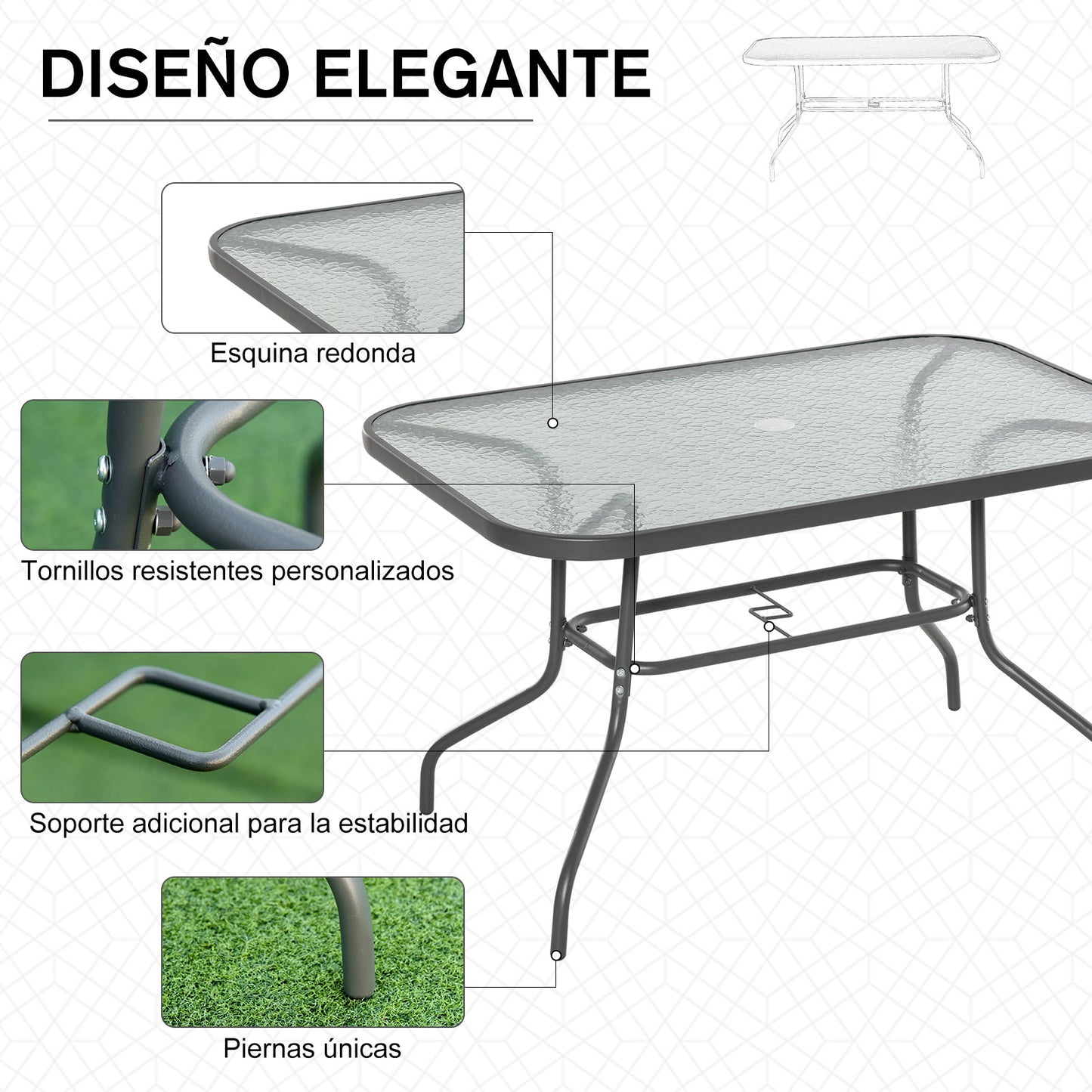 Outsunny Mesa de Jardín Exterior Rectangular de Metal Bordes Curvos con Orificio para Sombrilla Capacidad 70kg Vidrio Templado 120x80x70 cm Gris Carbón