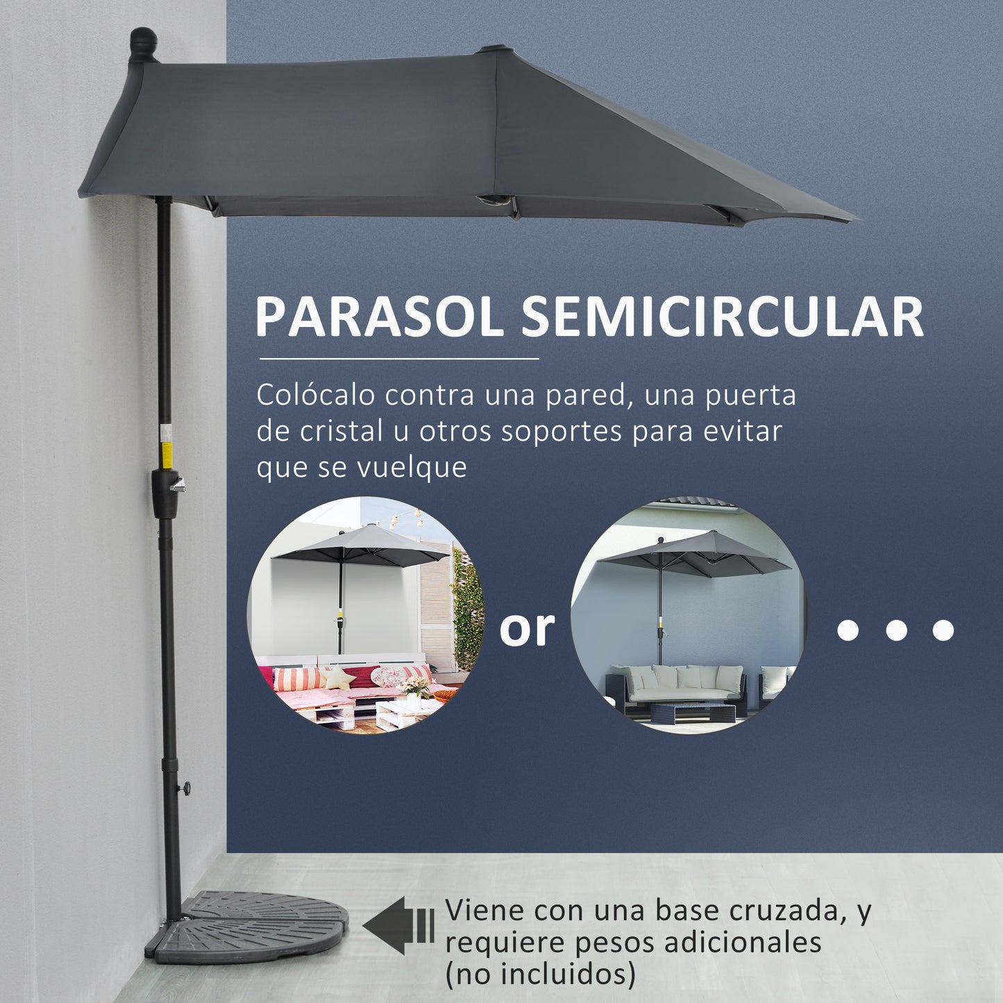 Outsunny Sombrilla de Pared de Jardín 200x190x240 cm Parasol de Terraza con Manivela Poste de Acero y Base Cruzada Anti-UV para Terraza Balcón Gris