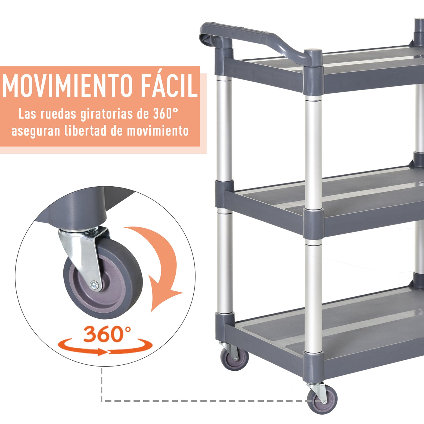 HOMCOM Carrito Auxiliar con Ruedas de Aleación de Aluminio Carrito de Cocina de 3 Niveles Carrito de Almacenamiento Carga 105 kg para Comedor Sala Baño 88x44x93 cm Gris