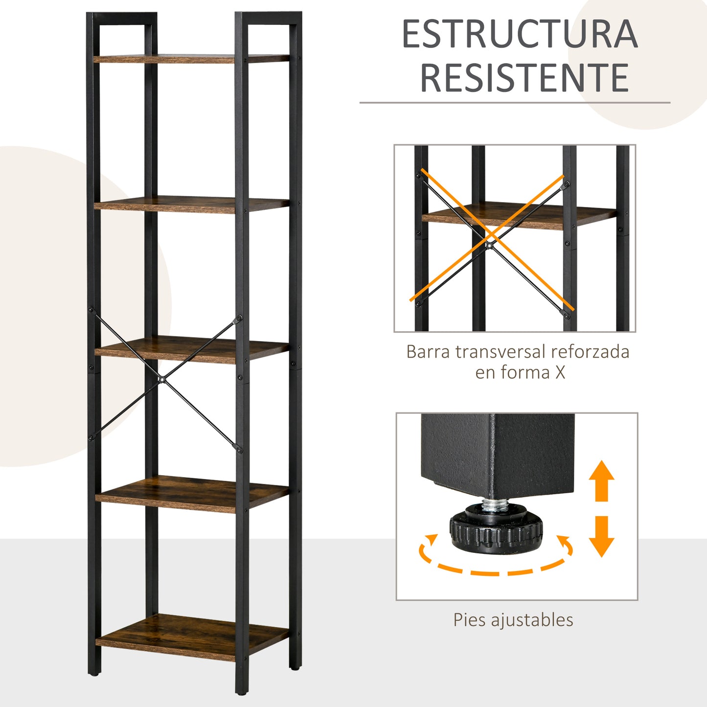 HOMCOM Estantería Industrial de 5 Niveles Estantería Librería de Almacenaje con Marco de Acero para Sala de Estar Oficina Cocina Dormitorio 40x30x154 cm Marrón Rústico