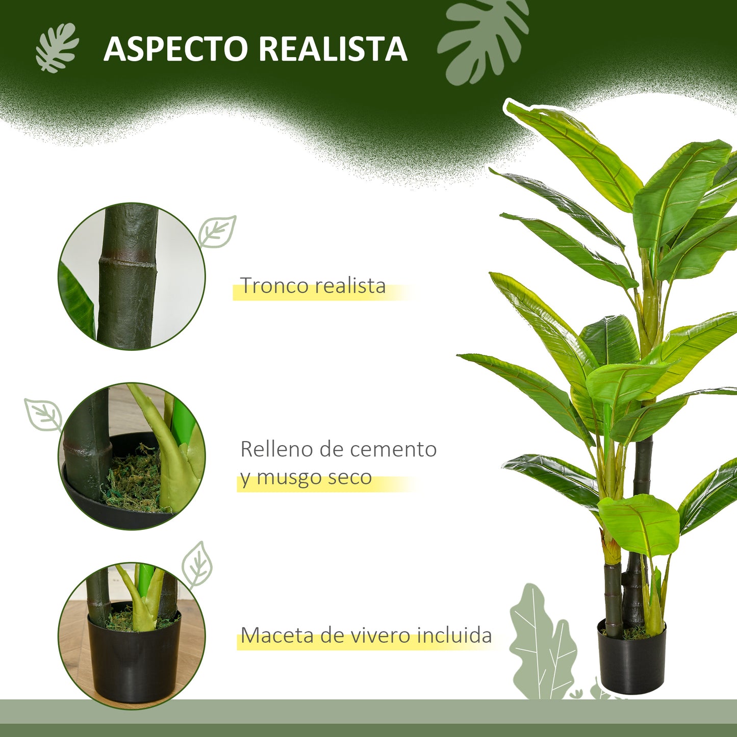 HOMCOM Bananera Artificial 150 cm Platanera Artificial con Maceta y 18 Hojas Planta Artificial para Decoración de Hogar Terraza Jardín Salón Oficina Verde