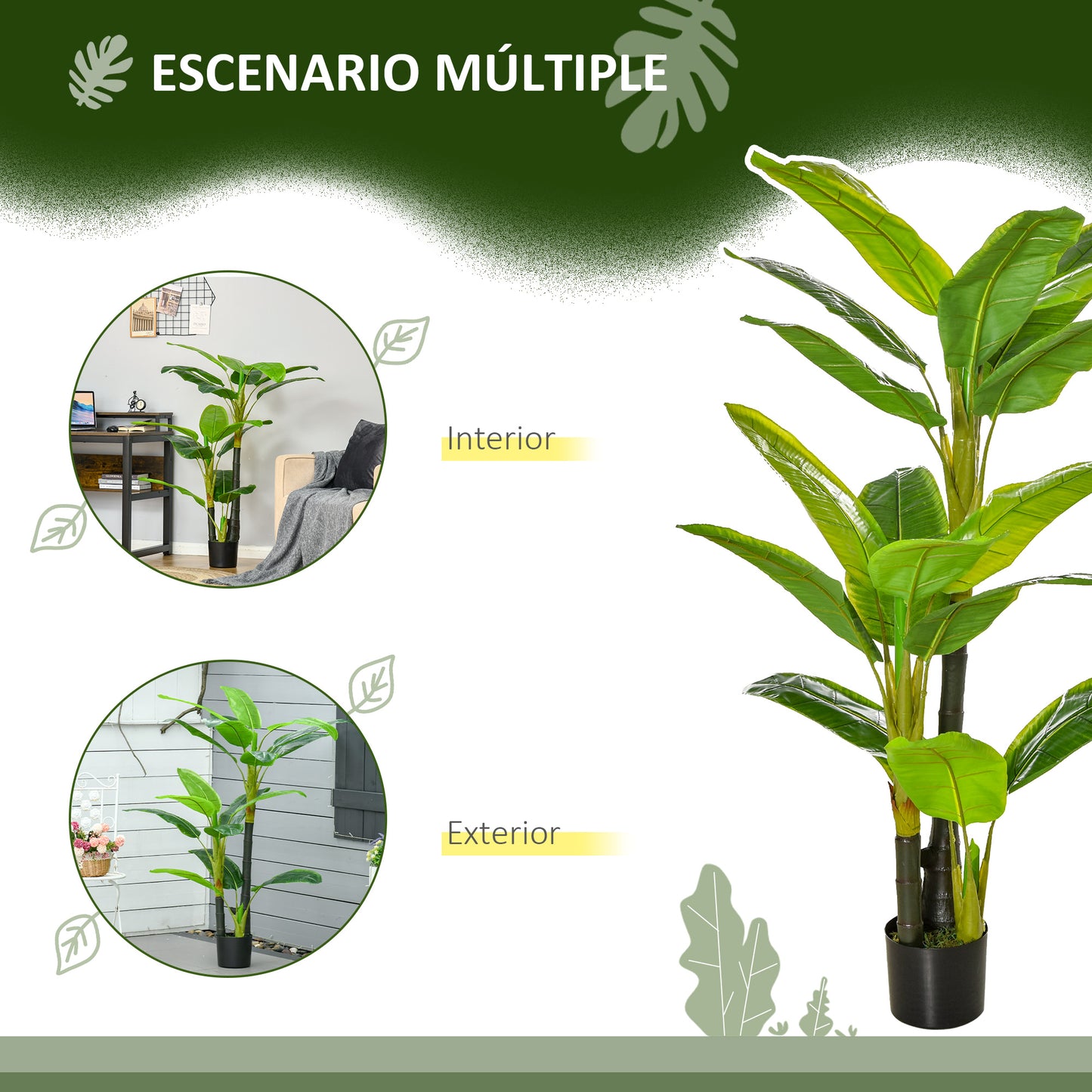 HOMCOM Bananera Artificial 150 cm Platanera Artificial con Maceta y 18 Hojas Planta Artificial para Decoración de Hogar Terraza Jardín Salón Oficina Verde