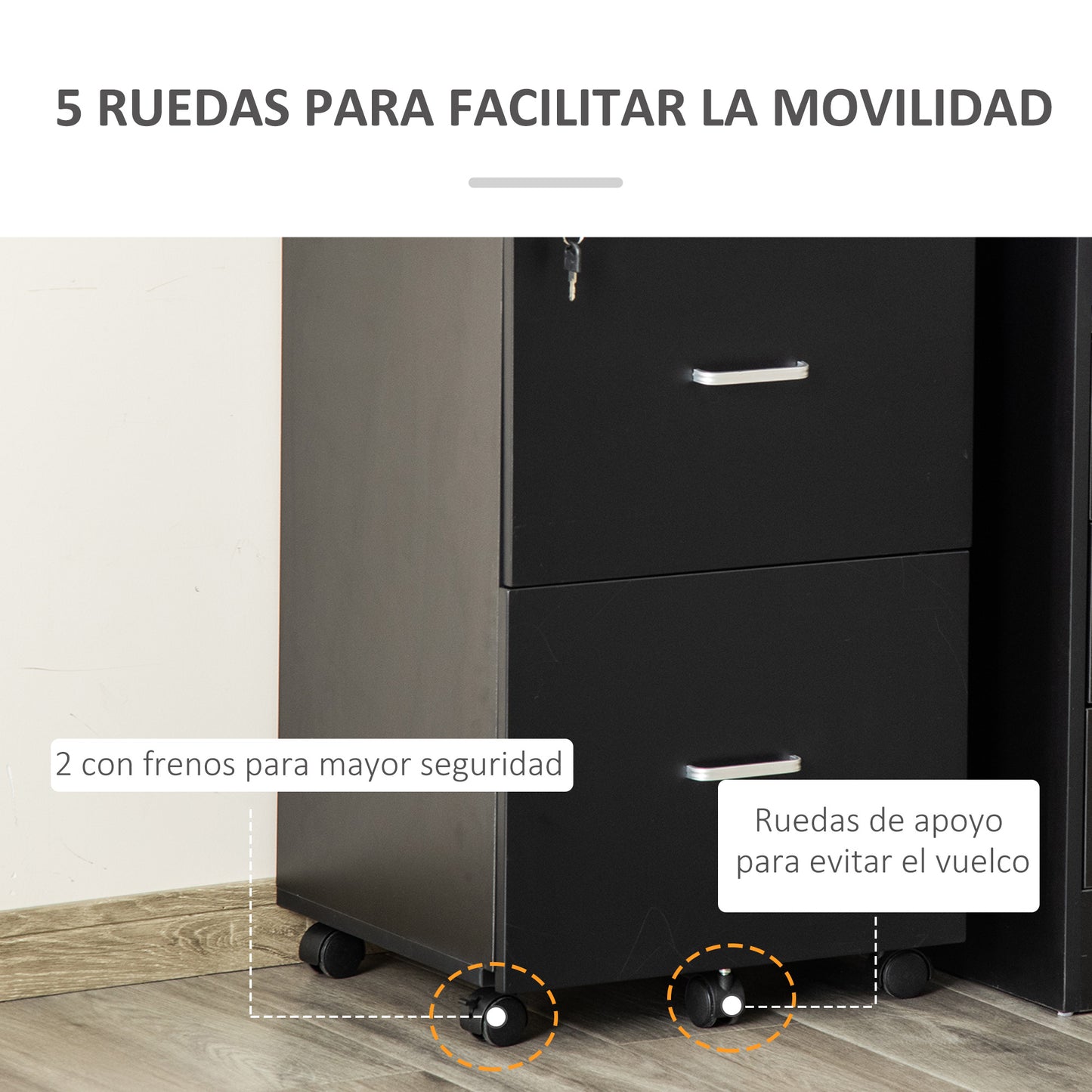 Vinsetto Cajonera de Oficina Mueble Auxiliar para Archivos con 2 Cajones Cerradura de 2 Llaves 5 Ruedas para Tamaño Carta A4 para Estudio Despacho Dormitorio 43x45x72 cm Negro