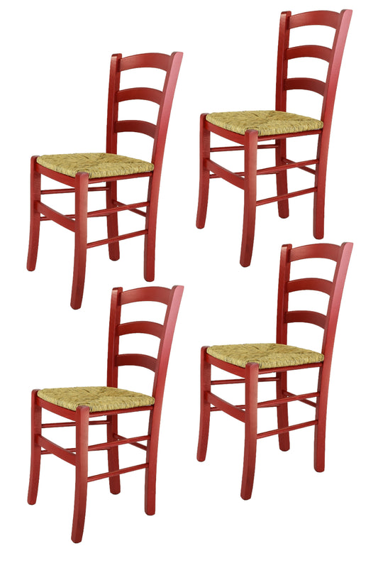 Tommychairs - Set 4 sillas de Cocina y Comedor  Venezia, Estructura en Madera de Haya Color anilina roja y Asiento en Paja