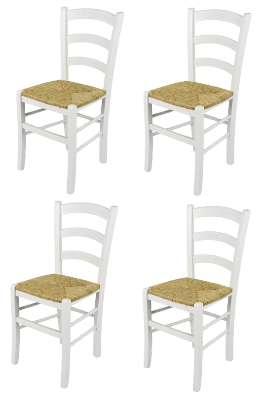 Tommychairs - Set 4 sillas de Cocina y Comedor  Venezia, Estructura en Madera de Haya barnizada Color Blanco y Asiento en Paja