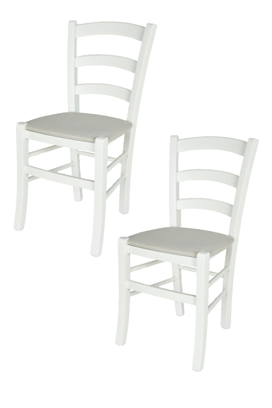 Tommychairs - Set 2 sillas de Cocina y Comedor  Venezia, Estructura en Madera de Haya barnizada de Blanco y Asiento tapizado en Tejido Blanco ostra