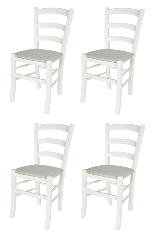 Tommychairs - Set 4 sillas de Cocina y Comedor  Venezia, Estructura en Madera de Haya barnizada de Blanco y Asiento tapizado en Tejido Blanco ostra