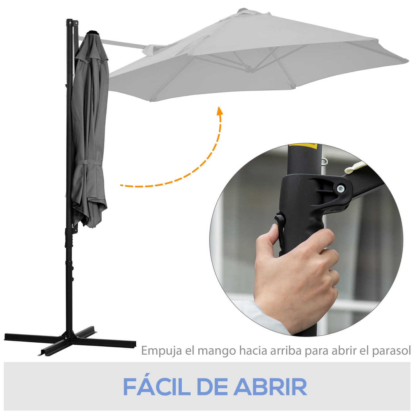 Outsunny Sombrilla de Jardín Ø256x245 cm Parasol Excéntrico Rotación de 360° con Apertura Manual y Base Cruzada para Patio Terraza Exterior Gris Oscuro