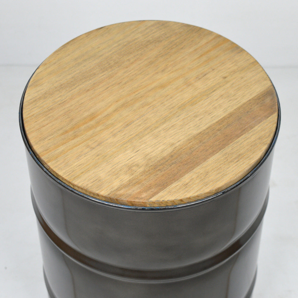 Taburete bidón 31cm diam. 45cm alto en acero con tapa de madera maciza acabado vintage - Box Furniture