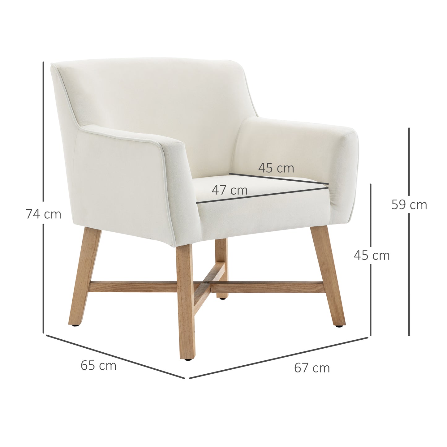 HOMCOM Butaca de Salón Tapizada en Terciopelo Sillón Relax Moderno con Asiento Reposabrazos Acolchados Patas de Madera y Base Cruzada para Dormitorio 67x65x74 cm Blanco