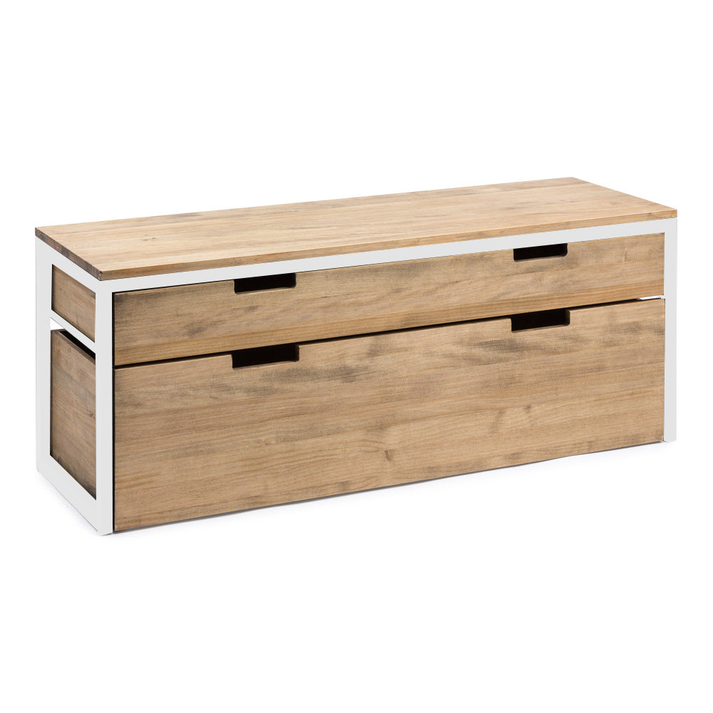 Mueble de TV ECO Three Cajón Superior y Cajón Extraíble Doble Blanco en madera maciza de pino acabado vintage estilo industrial - Box Furniture
